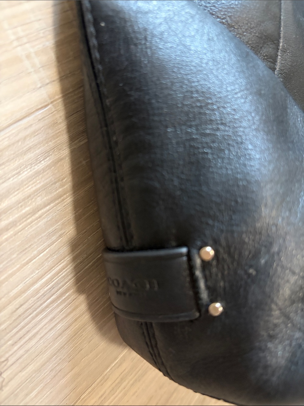 Vintage- Black Leather Tote with Gold Corner Accents - Coach - Picture 2 of 9